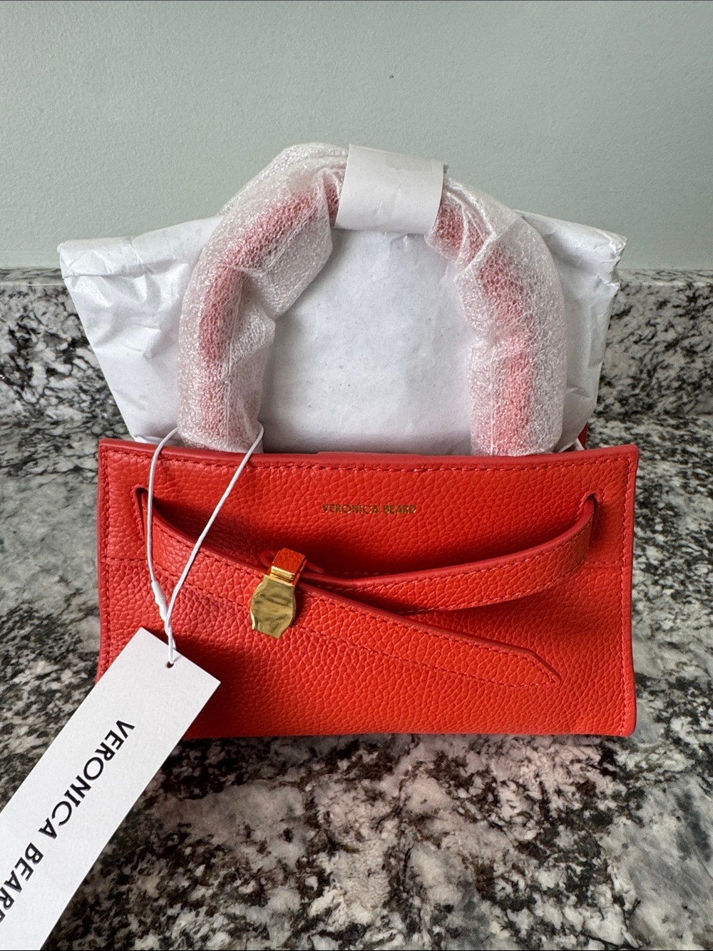 Veronica Beard Coral-Red Pebbled Leather Mini Top-Handle Bag